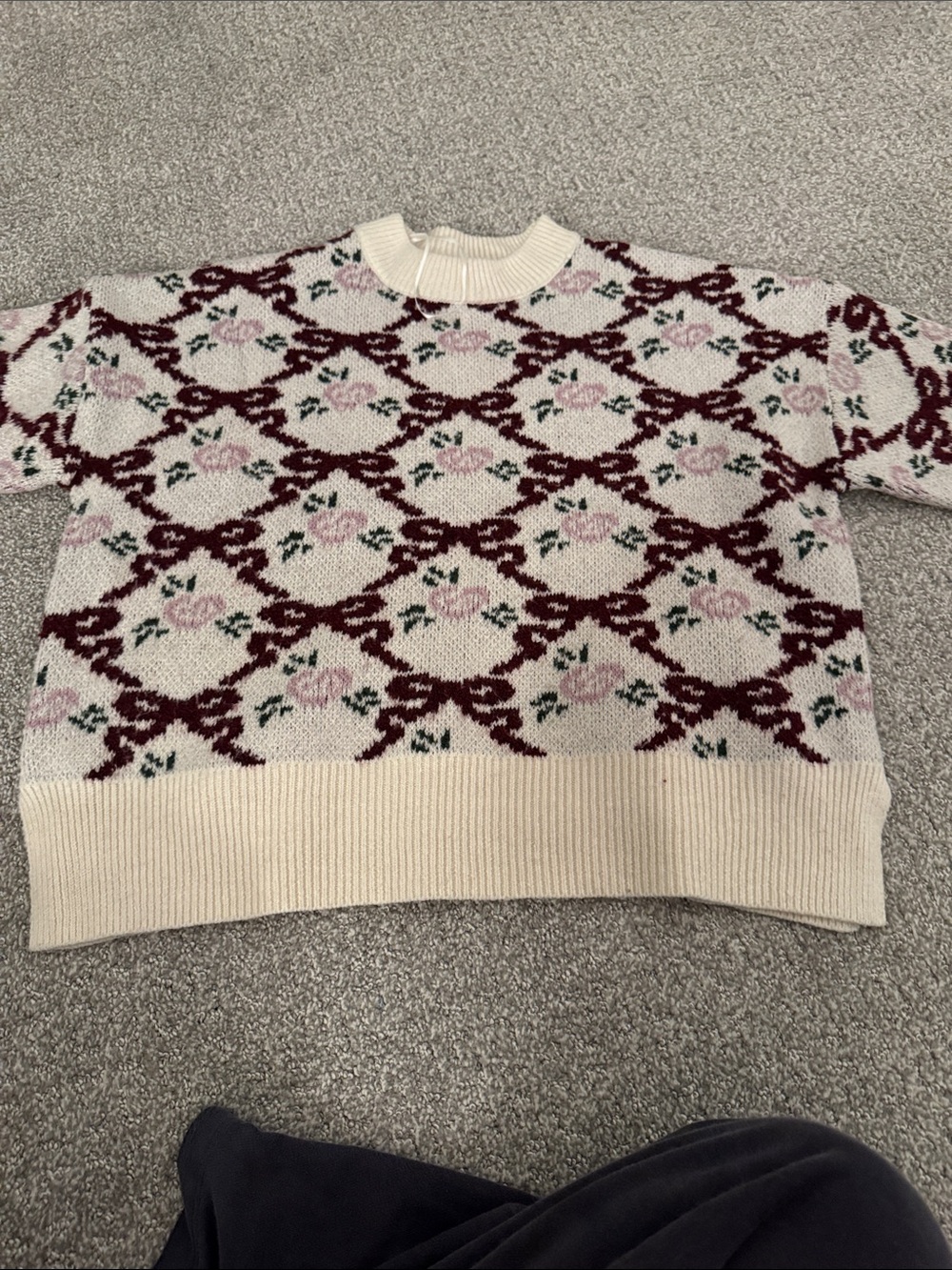 Sincerely Jules Cream Sweater with Burgundy Lattice & Pink Floral Motif